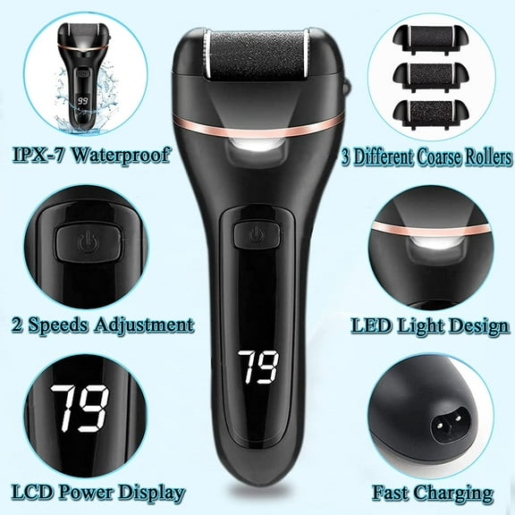 Electric Callus Remover for Feet,12 in 1 Pedicure Tools Kit Foot Scrubber to Remove Dead Skin and Cracked Heels,Professional Foot Care Foot Files with 3 Roller Heads, 2 Speed, Battery Display,Black