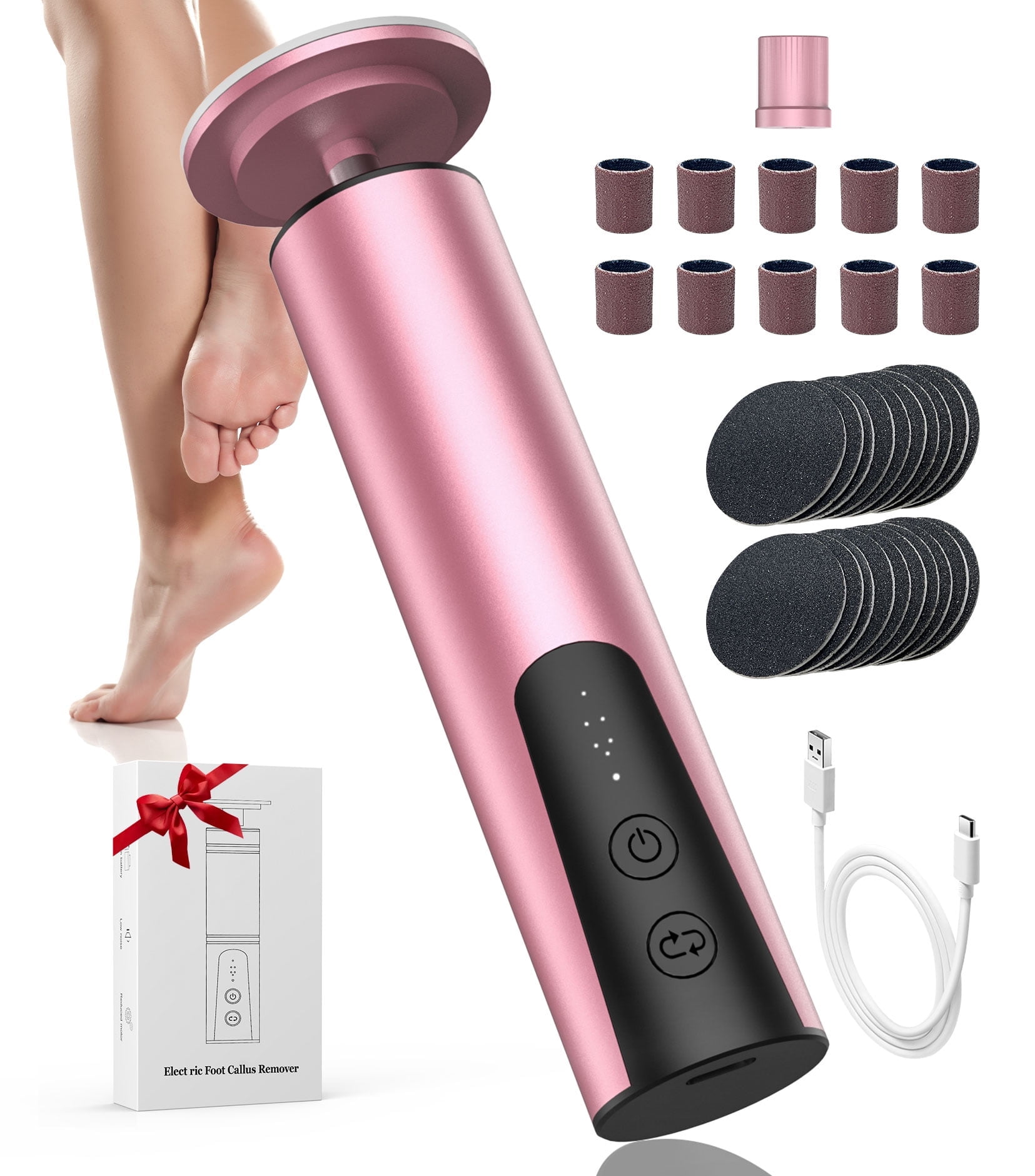 Electric Callus Remover for Feet(6 Speed), 2 in 1 Electric Foot File Nail Grinder, tisino Rechargeable Electric Foot Callus Remover with Sandpaper Disk and Nail Drill Bits, for Dead Skin-Pink