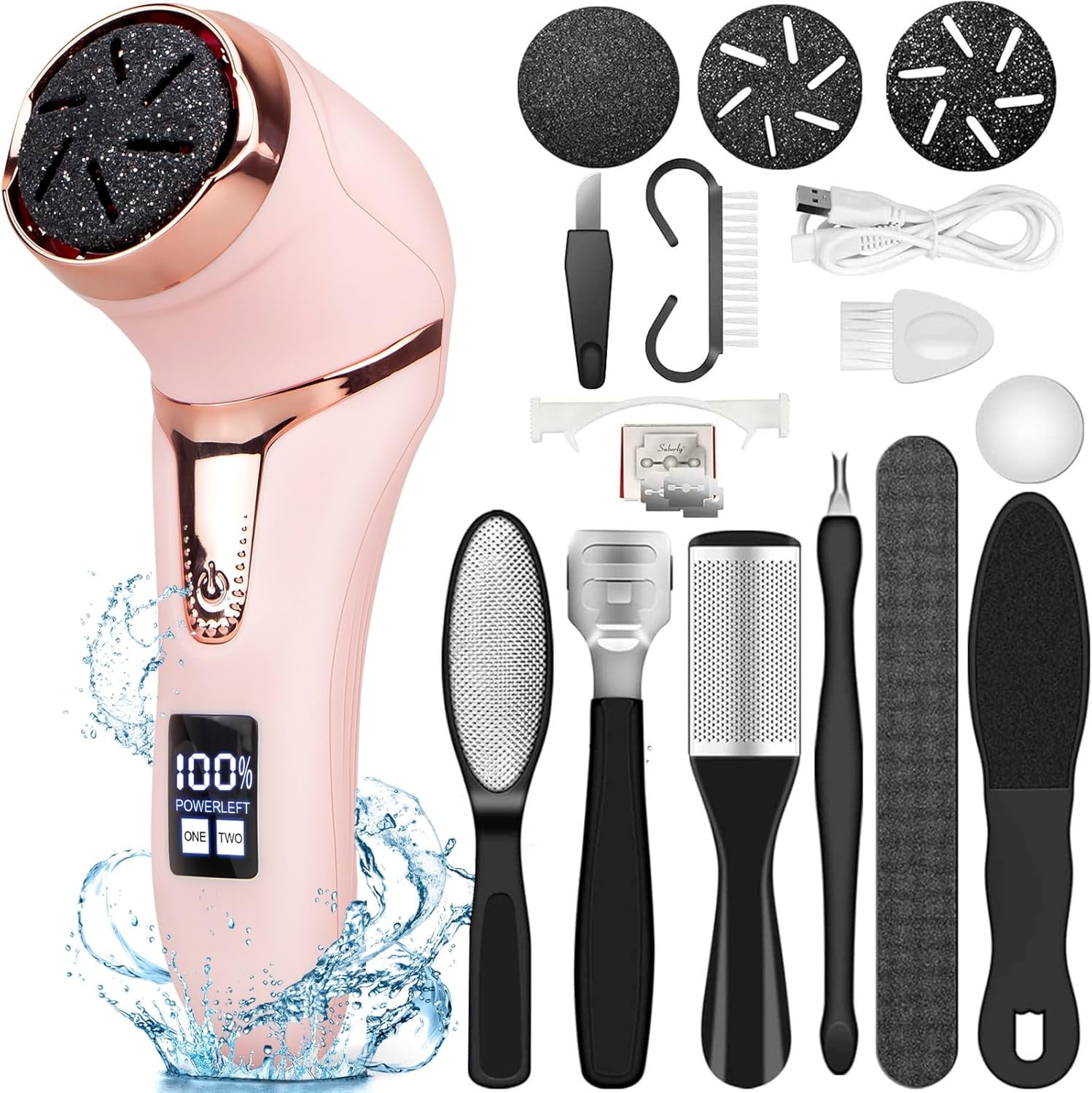 Electric Callus Remover for Feet, Portable Foot File Pedicure Tools, Waterproof 10 in 1 Kit for Cracked Heels, Calluses, Dead Skin, with 3 Roller Heads, 2 Speed, Perfect Hands Scrubber