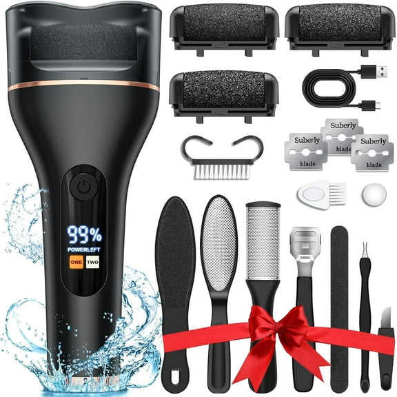 Electric Callus Remover for Feet, Portable Foot File Pedicure Tools, Waterproof 16 in 1 Kit for Cracked Heels, Calluses, Dead Skin, with 3 Roller Heads, 2 Speed, Perfect Hands Scrubber