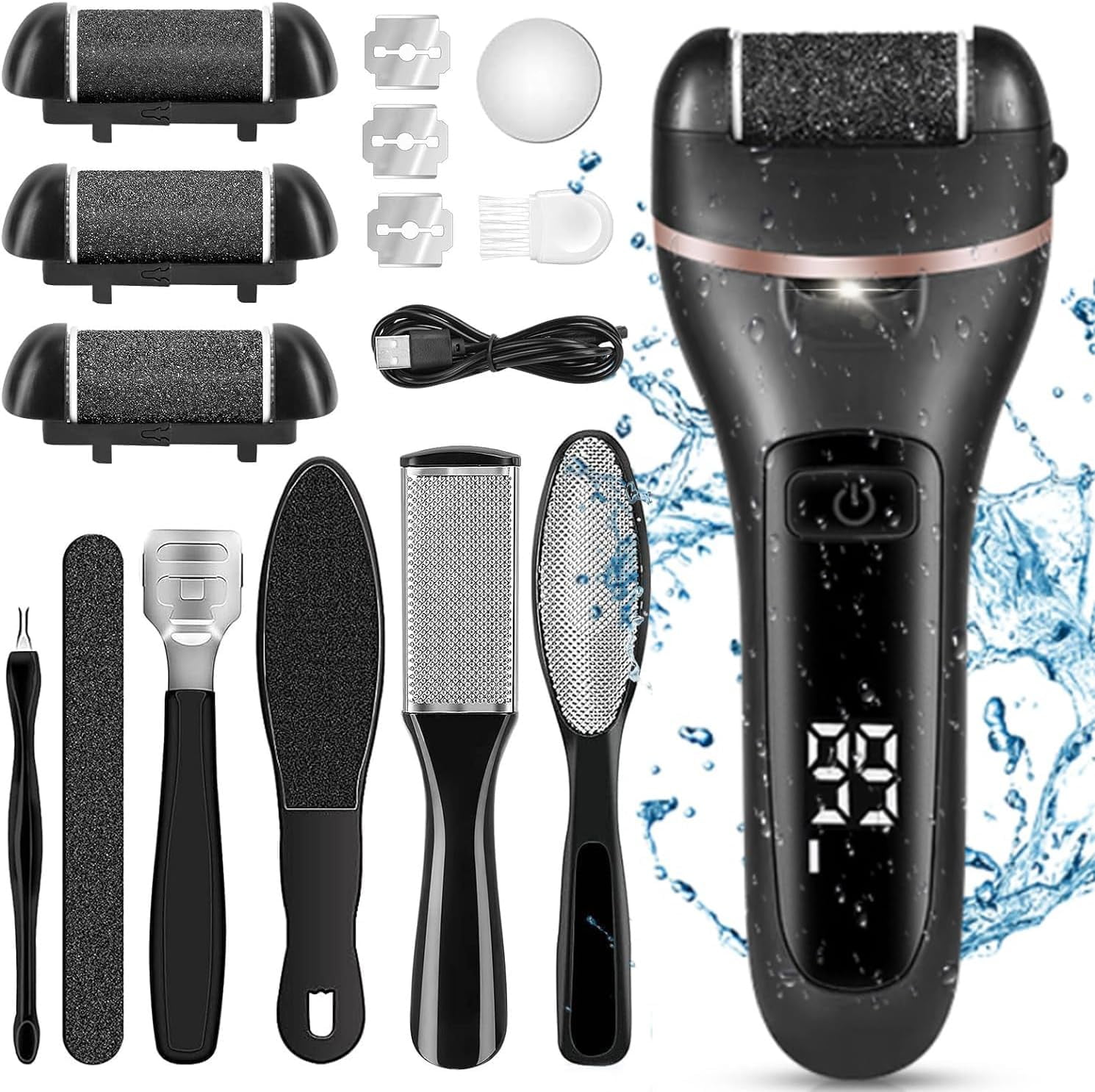 Electric Callus Remover for Feet | Rechargeable Foot File, Electric Foot Scrubber | 18 Piece Pedicure kit for Cracked Heels & Dead Skin with 3 Roller Heads By Quantum Lux (Black)