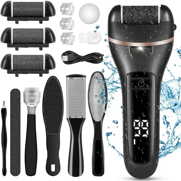 Electric Callus Remover for Feet | Rechargeable Foot File, Electric Foot Scrubber | 18 Piece Pedicure kit for Cracked Heels & Dead Skin with 3 Roller Heads By Quantum Lux (Black)