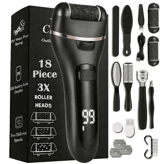 Electric Callus Remover for Feet | Rechargeable Foot File, Electric Foot Scrubber | 18 Piece Pedicure kit for Cracked Heels & Dead Skin with 3 Roller Heads By Quantum Lux (Black)