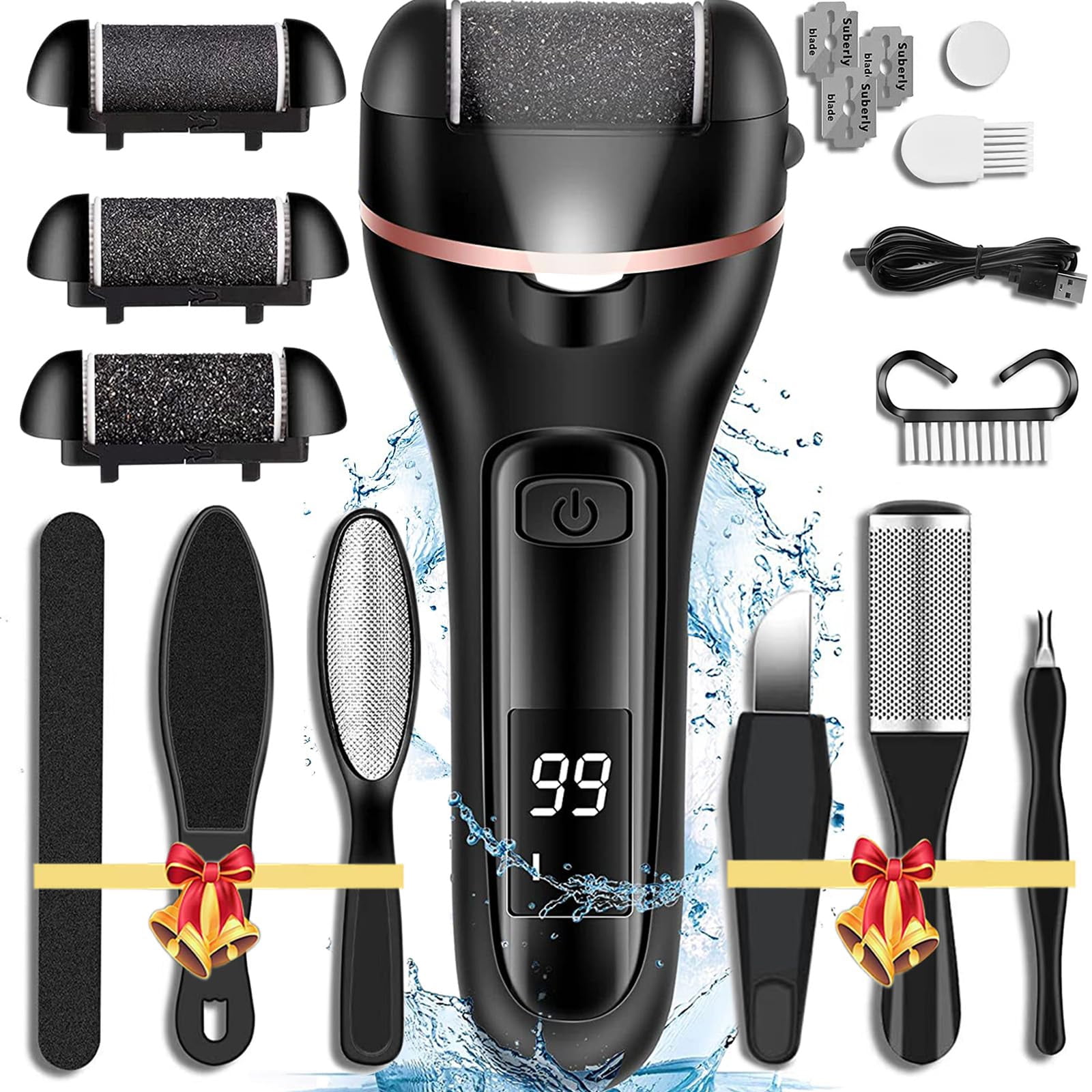 Electric Callus Remover for Feet, Rechargeable Portable Electronic Foot File Pedicure Kit, Waterproof Foot Scrubber File, Professional Pedicure Tools, Foot Care for Dead Skin Ideal Gift, 3 Rollers