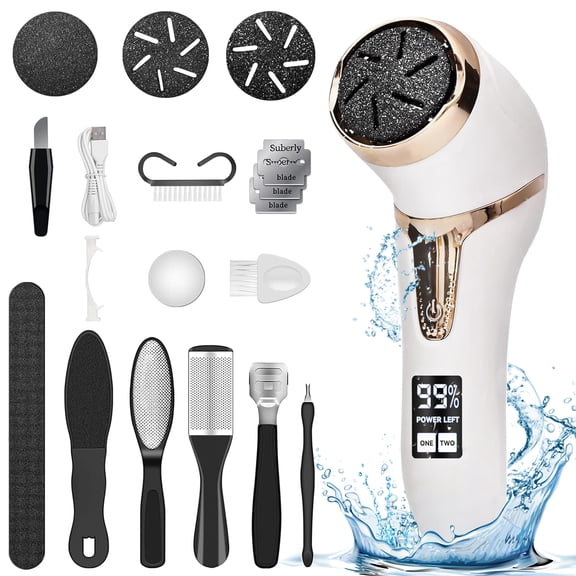 RNKR Electric Callus Remover for Feet with Vacuum  Rechargeable Pedicure Kit with 3 Quartz Heads, 2 Speeds, IPX7 Waterproof, LCD Display for Dead Skin Removal White
