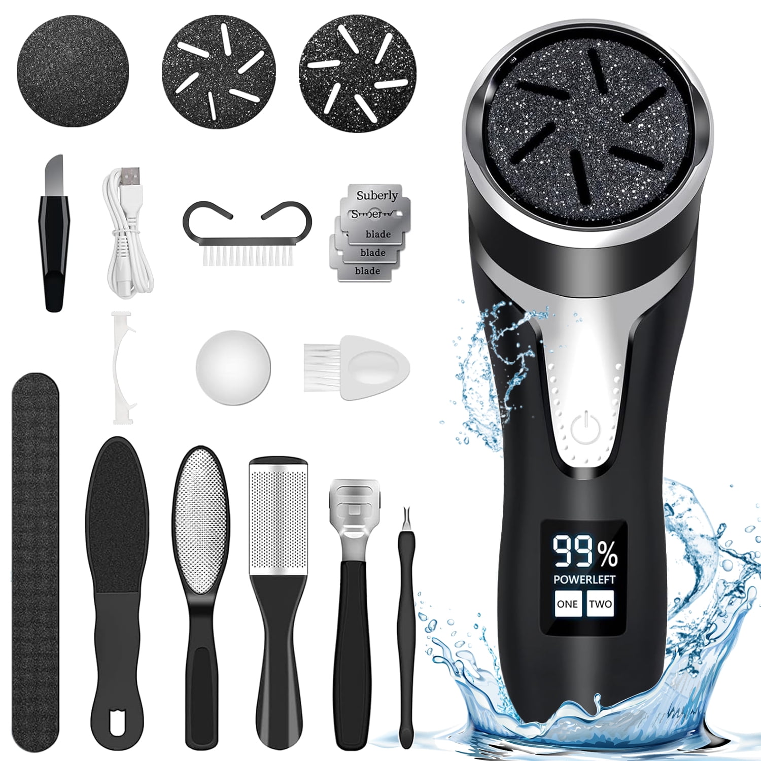 RNKR Electric Callus Remover for Feet with Vacuum  Rechargeable Pedicure Kit with 3 Quartz Heads, 2 Speeds, IPX7 Waterproof, LCD Display for Dead Skin Removal Black