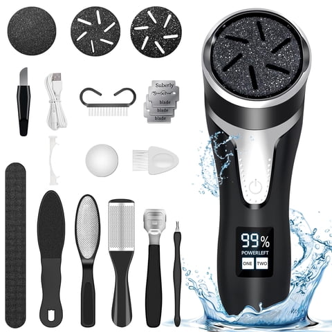 RNKR Electric Callus Remover for Feet with Vacuum  Rechargeable Pedicure Kit with 3 Quartz Heads, 2 Speeds, IPX7 Waterproof, LCD Display for Dead Skin Removal Black