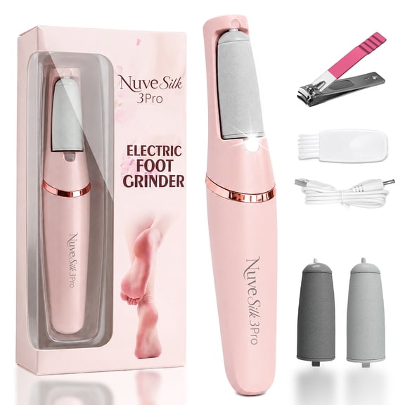 Nuve Silk 3 Pro Callus Remover for Feet, 2-Speed Electric Foot File, rechargeable power, and 2 washable roller heads,Pink