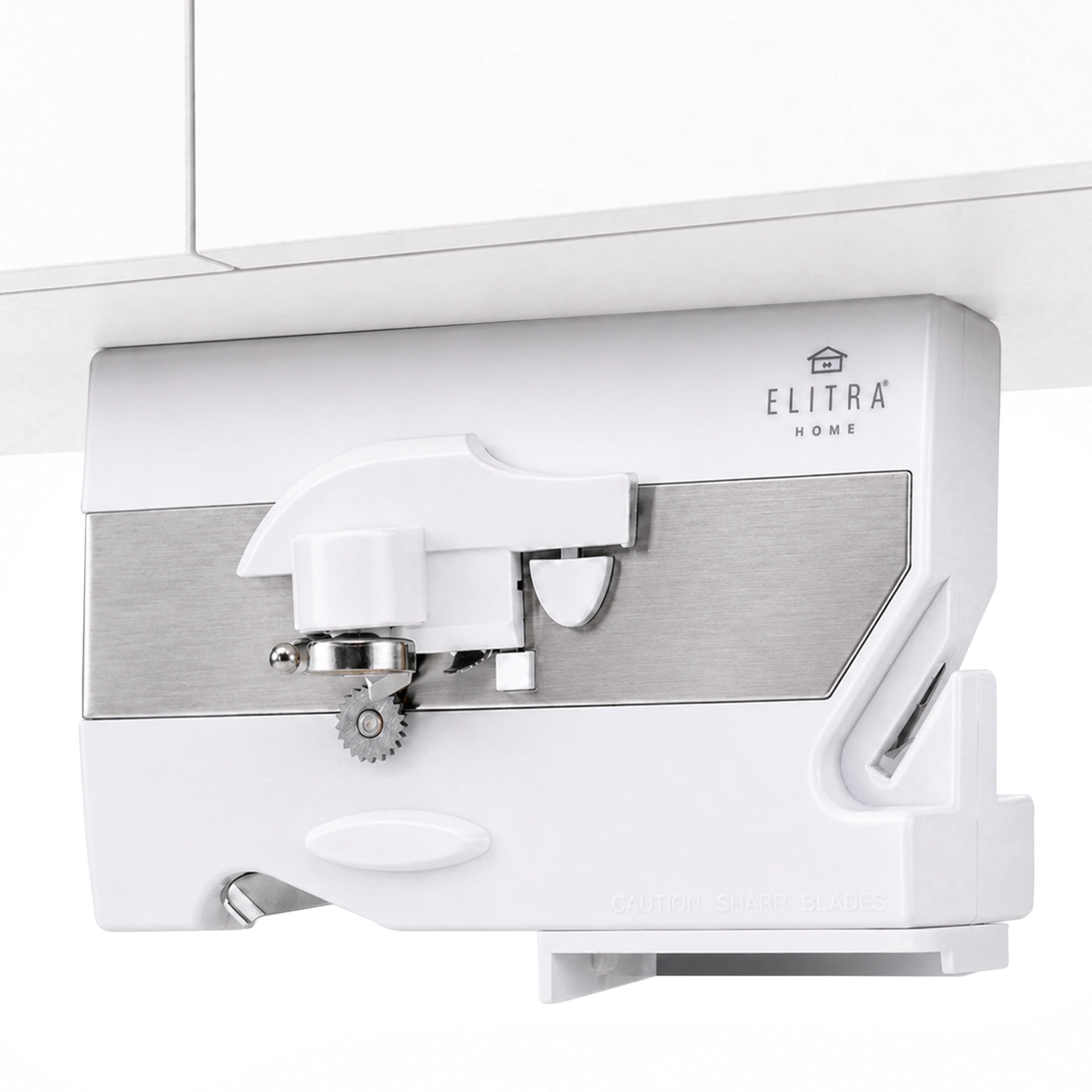 Elitra 4-in-1 Under the Cabinet Electric Can Opener - Space Saving Kitchen Appliance with Swing Grip, Magnetic Lid & Built-In Bottle & Jar Opener - Smooth Edge Can Opening Tool (White)