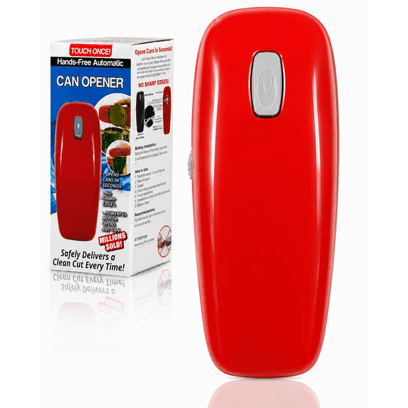 Electric Can Opener, Hands-Free, Smooth Edge, Battery Powered for All Round Cans, Red