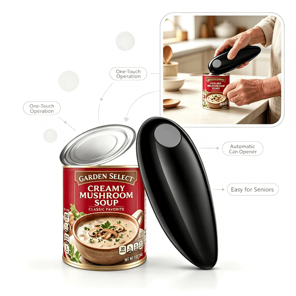 Electric Can Opener, One-Touch Automatic Handheld Opener with Smooth Edge, Kitchen Gadget for Elderly & Arthritis Sufferers, Black