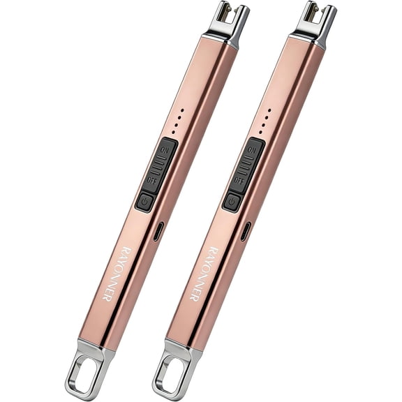 Electric Candle Lighter Rechargeable USB-C Plasma Arc Lighter with Hanging Hook Windproof Flameless Igniter for Camping Grill Home Decor Gifts (2 Pack - Rosegold)