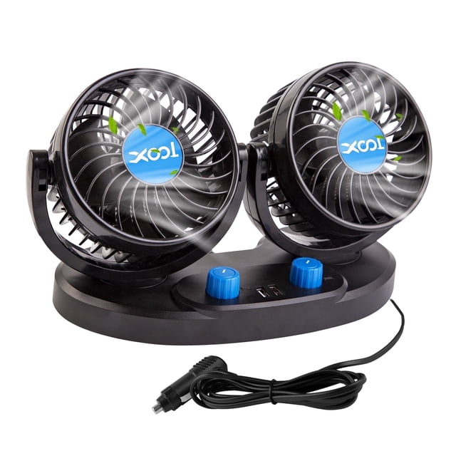 Car Fan, Electric Car Fan for Dashboard, 2 Speeds Portable 360 Degree 12V Car Cooling Fan for SUV, RV, Vehicle (2 USB Charging Ports)