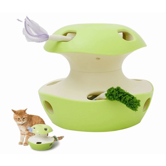 Electric Cat Toy Apple-Shaped Self-Playing Turntable with Automatic Rotating Mouse, Rechargeable Interactive Tease Stick for Indoor Cats, Intelligent Entertainment & Exercise - (Light Green)