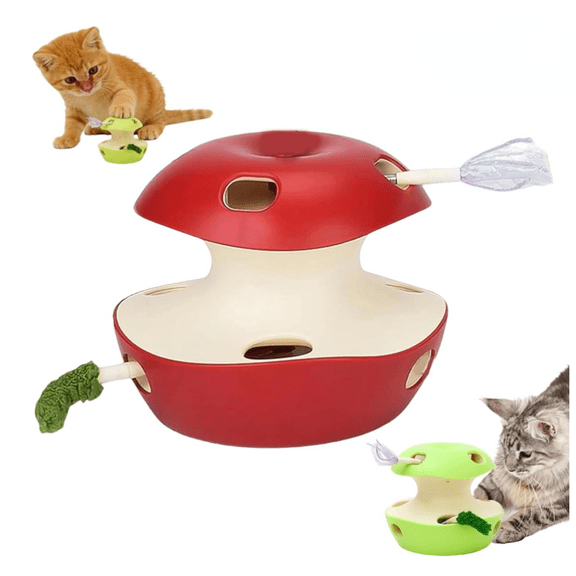 Electric Cat Toy Apple-Shaped Self-Playing Turntable with Automatic Rotating Mouse, Rechargeable Interactive Tease Stick for Indoor Cats, Intelligent Entertainment and Exercise - (Red)