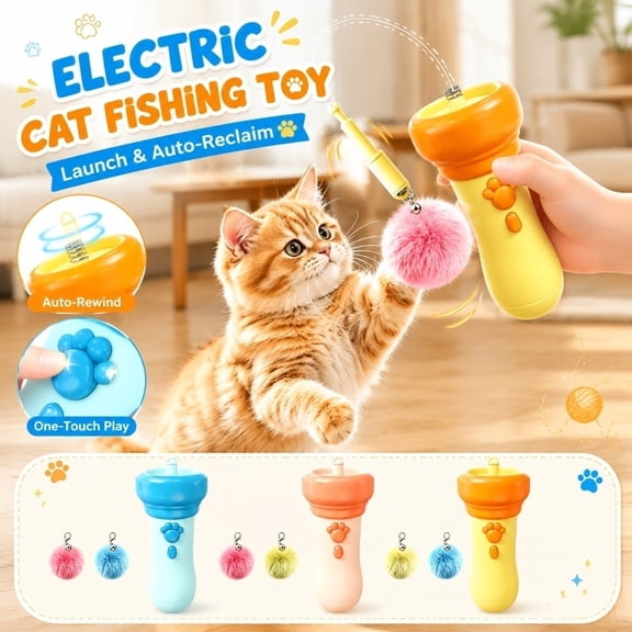 Electric Cat Toys, Interactive Cat Toys, Flying Cat Toys, Cat Enrichment Toys, Electric Launch Random Color Plush Pom Balls, Automatic Sliding Design, No Batteries Required, 7X3