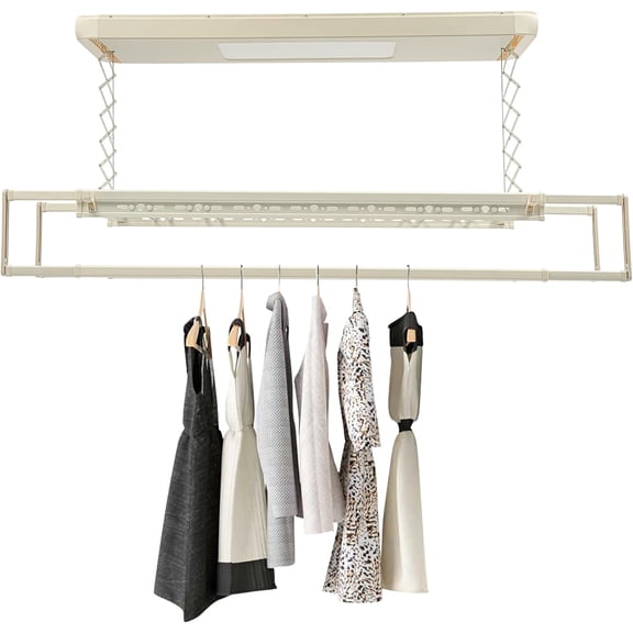 Electric Ceiling Clothes Drying Rack, Double Rod Retractable Laundry Airing Rack with LED Light, Controller Electric Clothesline for Indoor 77 lbs Capacity (Beige)