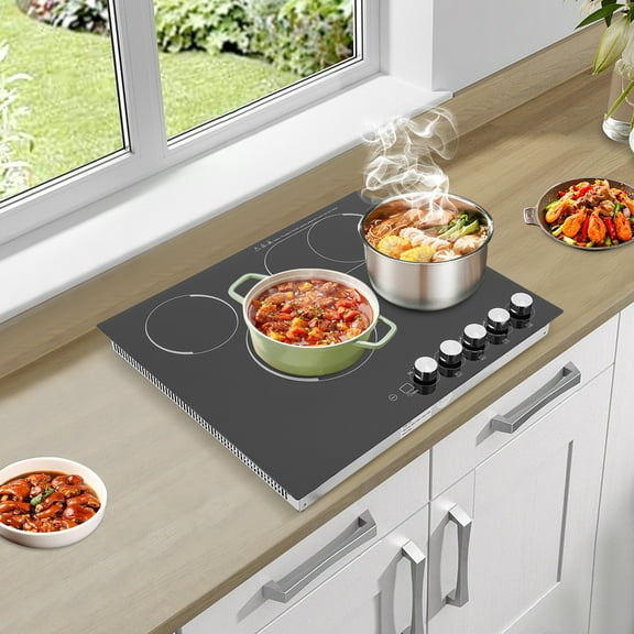 Electric Ceramic Cooktop with 4 Infrared Burners  110V Built-in/Countertop Stove, Knob Control, Child Lock, Timer, Safety Features, LED Display
