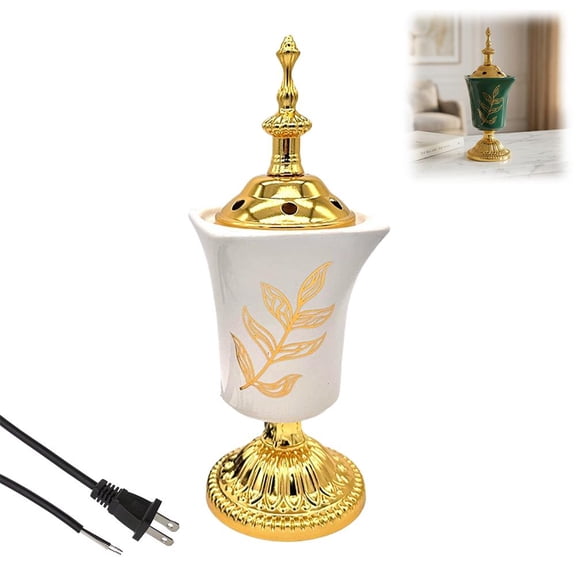 Electric Ceramic Incense Burner - Plug In Bakhoor Oudh Warmer, Middle Eastern Gold Leaf Design for Home Aromatherapy