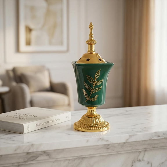 Electric Ceramic Incense Burner - Plug In Bakhoor Oudh Warmer, Middle Eastern Gold Leaf Design for Home Aromatherapy