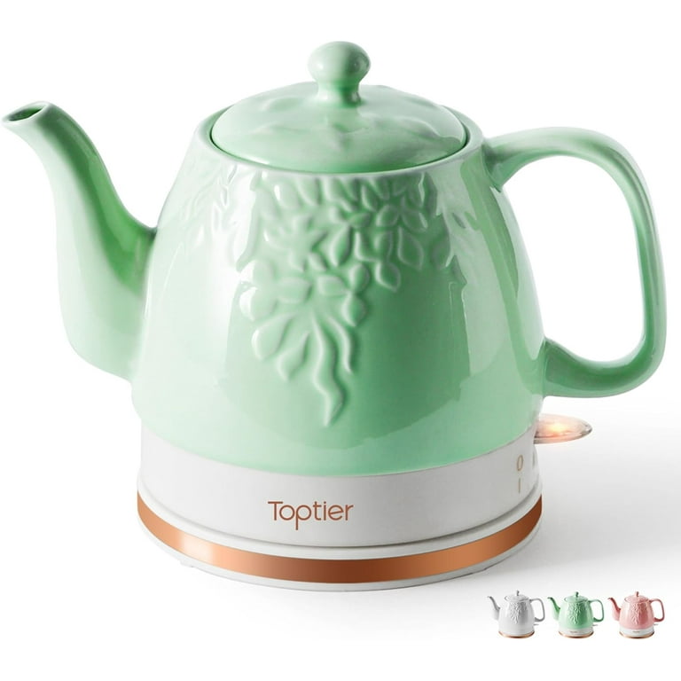 Electric Ceramic Tea Kettle Boil Water Quickly and Easily Detachable Swivel Base Boil Dry Protection Carefree Auto Shut Off 1 L Green Leaf
