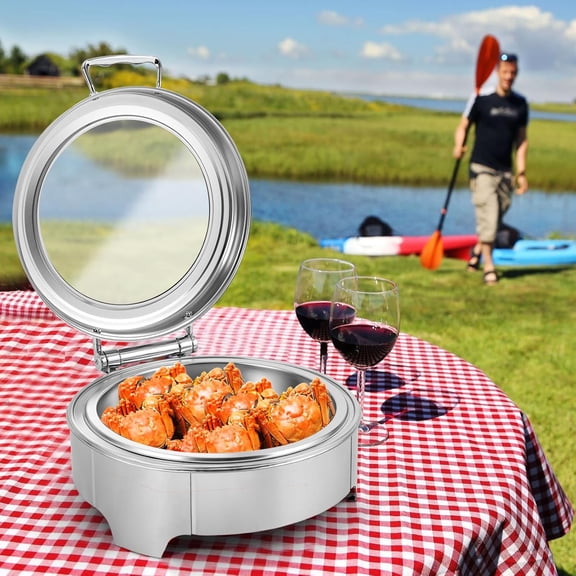 Electric Chafing Dish, 6.34QT Capacity Round Chafing Dish Buffet Set, 110V 400W Stainless Steel Food Warmer with Glass Lid, Adjustable Temp Buffet Food Warmer Set for Party, Restaurant, Hotel