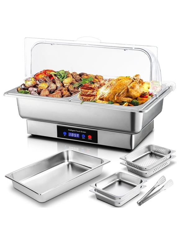 Electric Chafing Dish,9 QT Full Size with 4 x 4.5 QT Half Size Chafing Dish Buffet Set, Buffet Servers and Warmers with Roll Top & Temperature Control Display, Catering Food Warmer for Parties