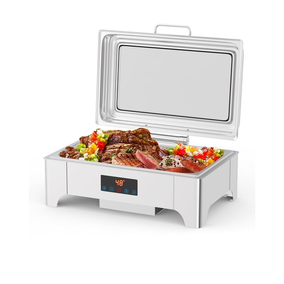 Electric Chafing Dish, 9 QT Full Size Touch Screen Chafing Dishes for Buffet Roll Top Set Food Servers and Warmer with Glass Lid for Catering, Parties, Weddings, Silver