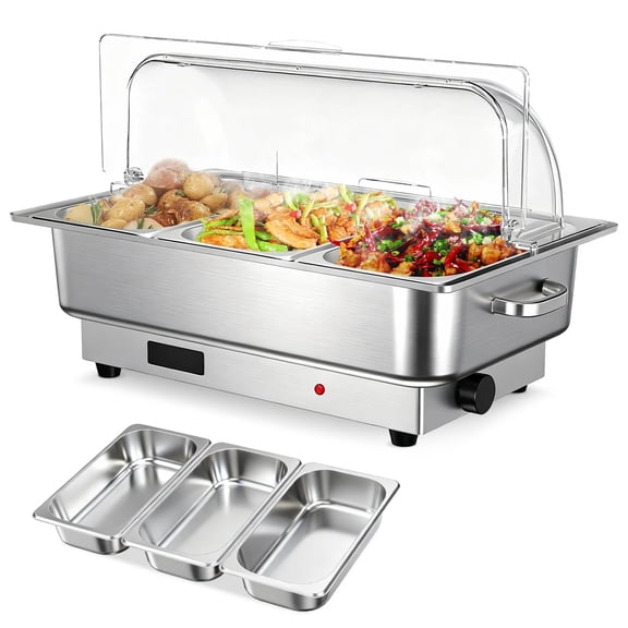 Electric Chafing Dish Buffet Set, 3x3 QT, 600W Digital Display Temp Control, Stainless Steel, Sections Dishwasher Safe