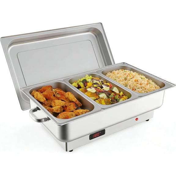 Electric Chafing Dish Set 3 x 3 QT Stainless Serving Trays 600W Digital Temperature Control Sections Dishwasher Safe for Events