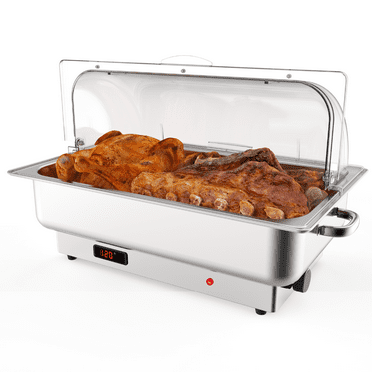 Electric Chafing Dish Set with Temperature Control, 9QT Stainless Steel Food Warmer with Transparent Lid, 1 Full-size Pan for Catering, Weddings, and Parties, Silver