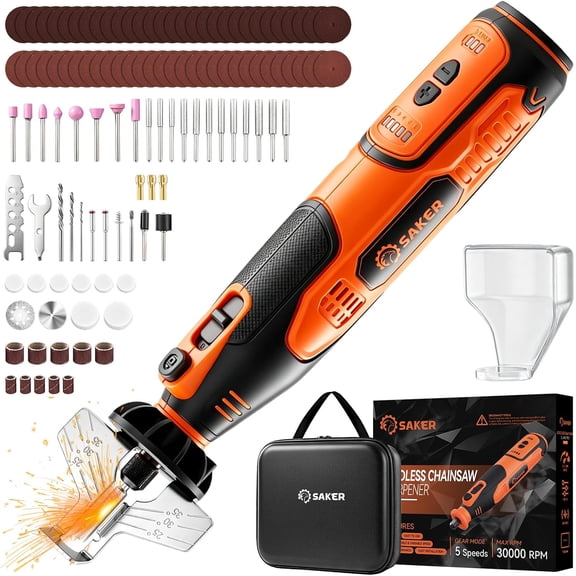 Electric Chainsaw Sharpener Kit,Chain Saw Sharpener Tool with 12 File Sharpening Wheel Bits,Cordless Rotary Tool Kit with 5-Speed Chainsaw Chain Sharpener(126 Accessories)