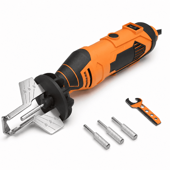 Electric Chainsaw Sharpener Kit with 3 File Size Wheels, Angle Attachment, Wrench, and eBook