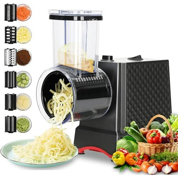 Electric Cheese Grater, 6 In 1 Electric Cheese Grater for Block Cheese, 250W Slicer Shredder, Automatic Salad Machine, Rotary Cheese Shredder for Cheeses, Fruits, Vegetables