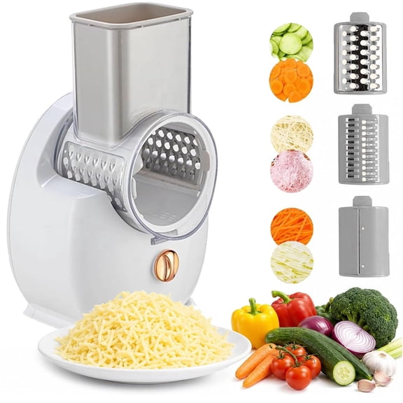 Ruspela Electric Cheese Grater for Block Cheese,3 IN1Electric Grater for Home Kitchen Use,Salad Shooter Electric Slicer/Shredder for Vegetable Fruit Nuts White