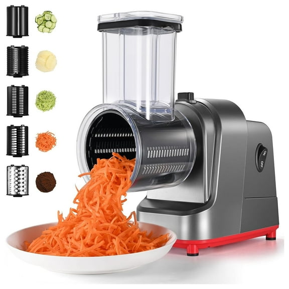 5-in-1 Electric Cheese Grater, Electric Cheese Shredder with 5 Stainless Blades, Salad Maker with One-Touch Control, Large Feeding Port, Electric Vegetable Slicer for Fruits and Vegetables, Cheese