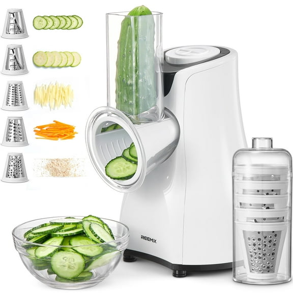 Electric Cheese Grater, Reemix 5 Multi Blade Cheese Shredder Salad Maker for Home Kitchen Use, Detachable Vegetable Slicer Electric Grater for Cheese, Vegetables, Fruits