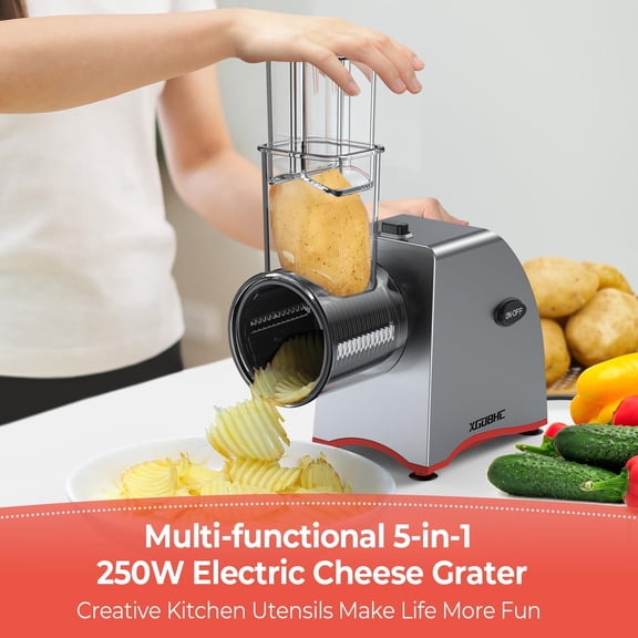Electric Cheese Grater & Salad Maker - 250W One-Touch Shredder with 5 Stainless Steel Blades for Vegetables, Fruits, Cheeses, Nuts - Space Silver Kitchen Slicer Machine