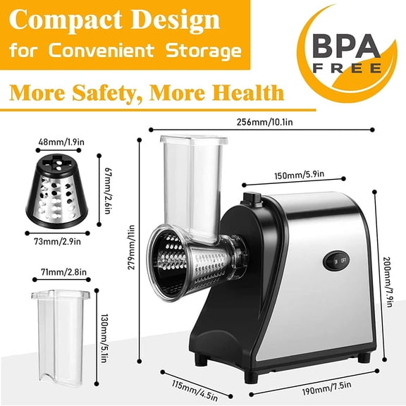 Electric Cheese Grater & Salad Maker - 5-in-1 Stainless Steel Slicer Shredder with 250W Motor, One-Touch Control for Cheese Fruits Vegetables, BPA-Free Kitchen Tool