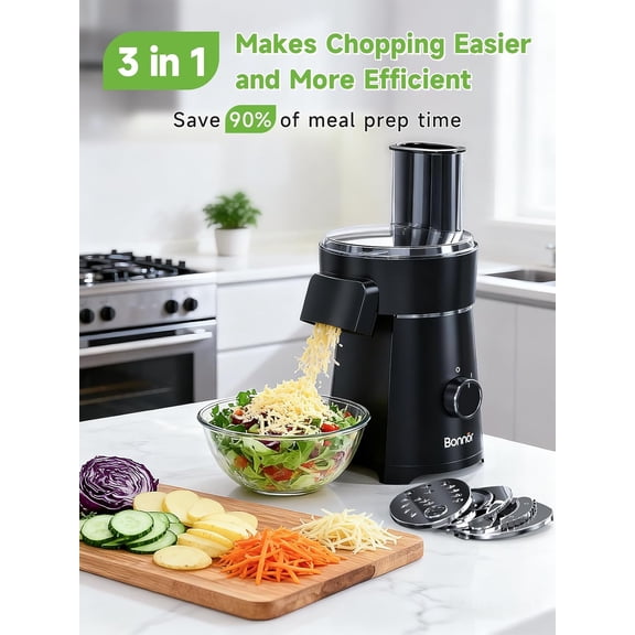 Electric Cheese Grater with Salad Shooter, 3 in 1 Food Chopper & Electric Vegetable Slicer. 200W Motor, 3 Blades, Comes with Safety Push Bar, Dishwasher Safe for Home Kitchen (Black)