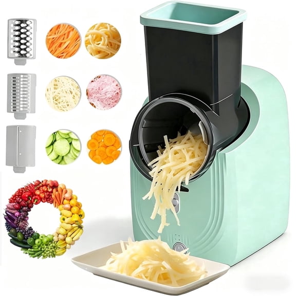 SH-RuiDu Electric Cheese Grater Shredder, 3 Blades Electric Vegetable Slicer, Electric Salad Machine for Kitchen, Home, Automatic Shredder for Fruits, Nuts, Onion, Garlic (Green)