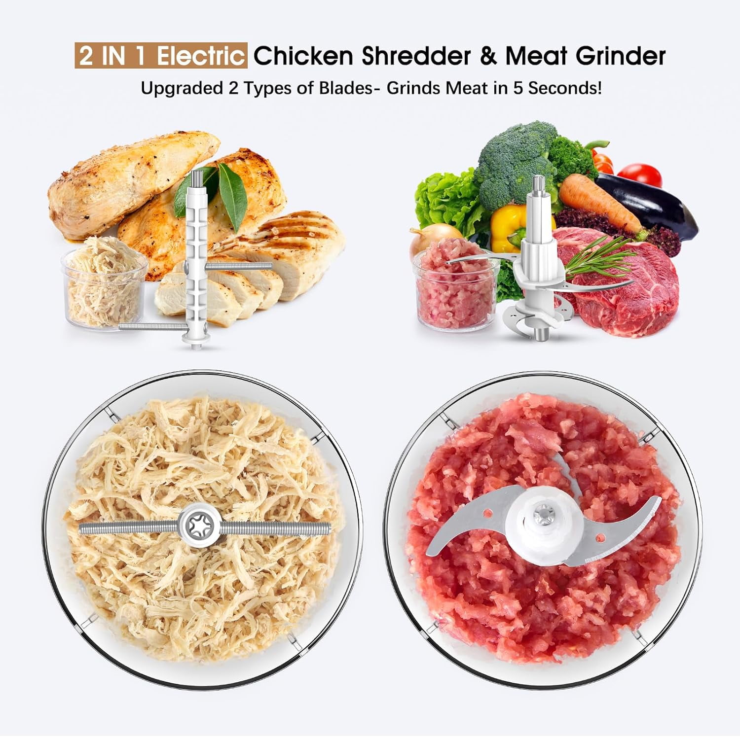Electric Chicken Shredder with 250W Motor, 1.5L Bowl & Bi-Level Blades for Meat, Fruits, Vegetables, Pet Food