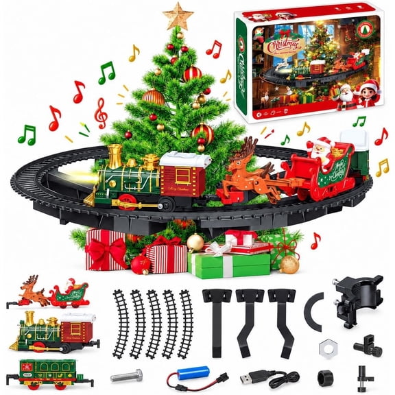 Electric Christmas Train Set Around Tree, with Realistic Sounds Light Smog, with Cute Santa Claus Hanging Festive Holiday Gift
