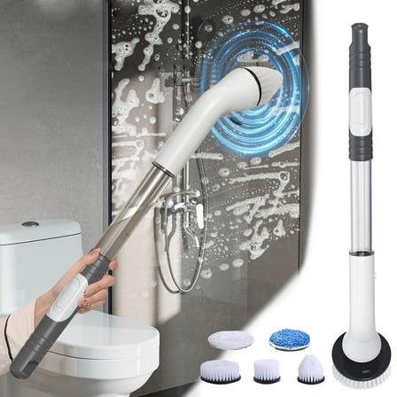 Electric Cleaning Brush Set, 360° Rotating Long Handle Scrubber, 5 Replaceable Brush Heads, USB Rechargeable Bathroom Kitchen Cleaning Tool