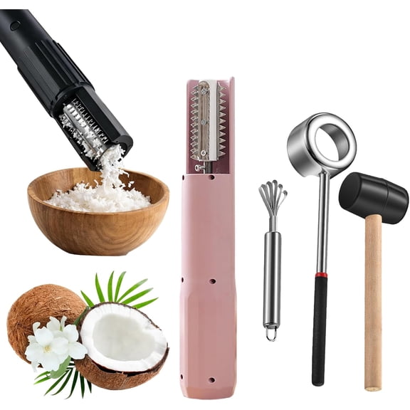 Electric Coconut Grater Machine with Coconut Tool Opener, Handheld Coconut Scraper Peeler Shredder, Portable Wireless Automatic Anti-Splash Rotating Kitchen Grater (Pink)