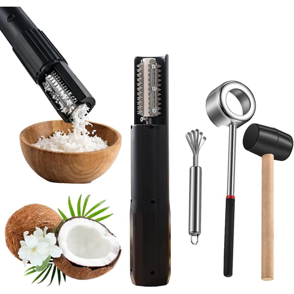 Electric Coconut Grater Machine with Coconut Tool Opener, Handheld Coconut Scraper Peeler Shredder, Portable Wireless Automatic Anti-Splash Rotating Kitchen Grater (Black)
