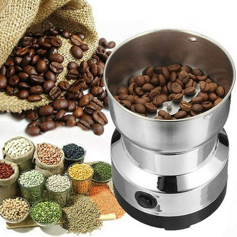 An electric coffee grinder with stainless steel blades designed for nuts and spices.