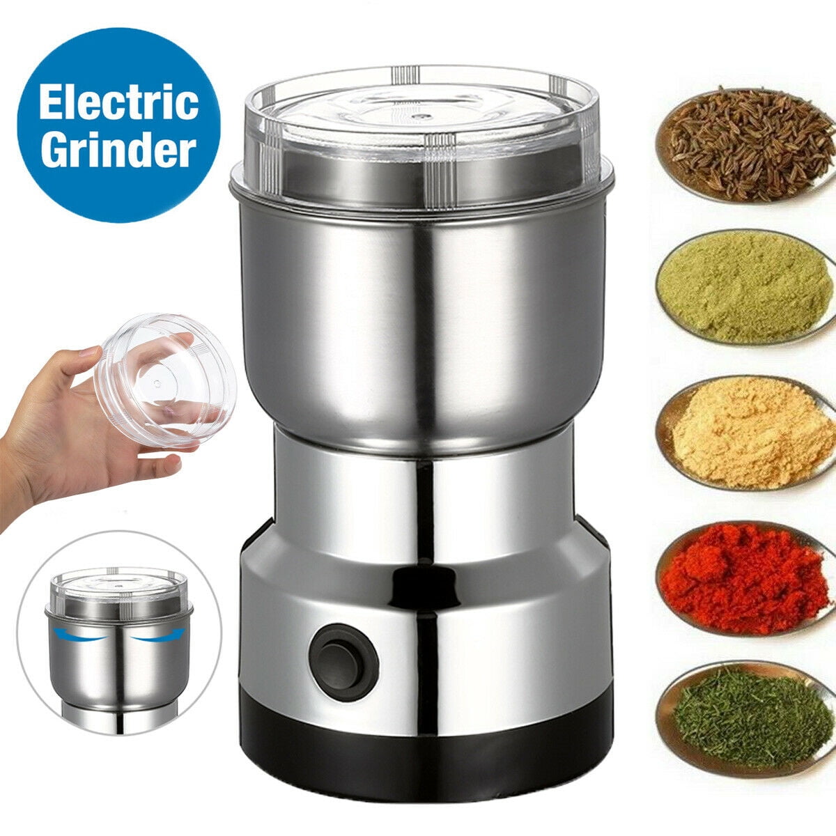 Rinhoo Coffee Grinder Electric 220V Nut Powder Mill Stainless Steel  Household Spice Bean Grinder, US Plug