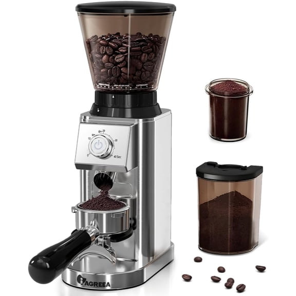 IAGREEA Conical Burr Coffee Grinder for Espresso, 48 Adjustable Precise Timed Grind Settings Electric Coffee Bean Grinder, Anti-Static Stainless Steel One Touch Grinder with Portafilter Holder