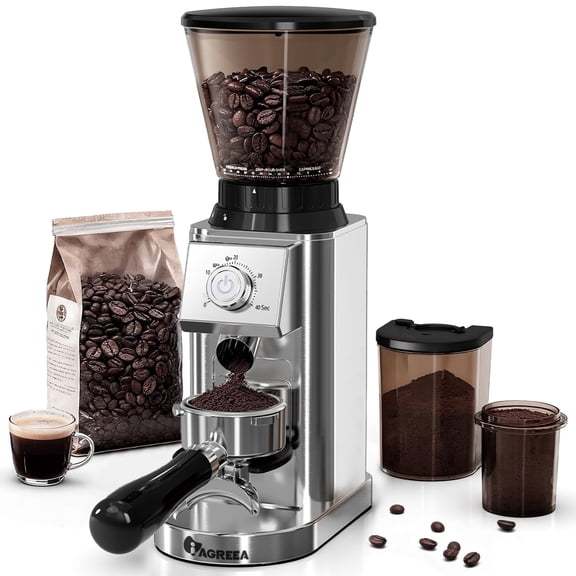 Electric Coffee Grinder with 48 Grind Settings, Conical Burr Mill for Espresso, Drip, Cold Brew & French Press, 150W Quiet Motor, Detachable Hopper & Stainless Steel Body, Silver-Perfect for Home Use